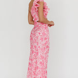 Deanna One-Shoulder Ruffle Midi Dress Floral Pink