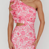 Deanna One-Shoulder Ruffle Midi Dress Floral Pink