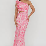 Deanna One-Shoulder Ruffle Midi Dress Floral Pink