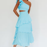 Deanna One-Shoulder Tiered Maxi Dress Blue