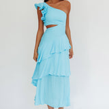 Deanna One-Shoulder Tiered Maxi Dress Blue
