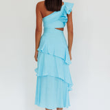 Deanna One-Shoulder Tiered Maxi Dress Blue