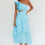 Deanna One-Shoulder Tiered Maxi Dress Blue