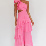 Deanna One-Shoulder Tiered Maxi Dress Pink