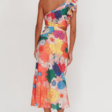 Deanna One-Shoulder Ruffle Floral Maxi Dress Orange