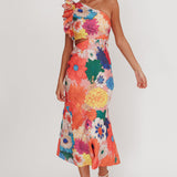 Deanna One-Shoulder Ruffle Floral Maxi Dress Orange