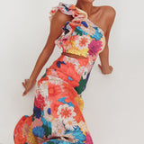 Deanna One-Shoulder Ruffle Floral Maxi Dress Orange