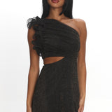Deanna One-Shoulder Ruffle Mini Dress Glitter Black