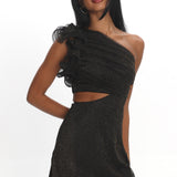 Deanna One-Shoulder Ruffle Mini Dress Glitter Black