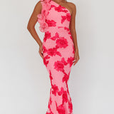 Deanna One-Shoulder Ruffle Maxi Dress Floral Pink