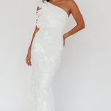 Deanna One-Shoulder Ruffle Maxi Dress Floral Texture White