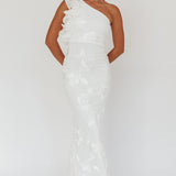 Deanna One-Shoulder Ruffle Maxi Dress Floral Texture White