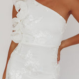 Deanna One-Shoulder Ruffle Maxi Dress Floral Texture White