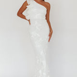 Deanna One-Shoulder Ruffle Maxi Dress Floral Texture White