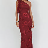 Deanna One-Shoulder Ruffle Maxi Dress Floral Texture Wine