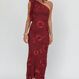 Deanna One-Shoulder Ruffle Maxi Dress Floral Texture Wine