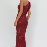 Deanna One-Shoulder Ruffle Maxi Dress Floral Texture Wine