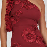 Deanna One-Shoulder Ruffle Maxi Dress Floral Texture Wine