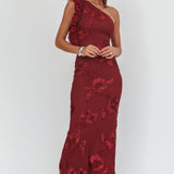 Deanna One-Shoulder Ruffle Maxi Dress Floral Texture Wine