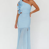 Deanna One-Shoulder Sheer Hem Maxi Dress Blue