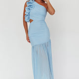 Deanna One-Shoulder Sheer Hem Maxi Dress Blue