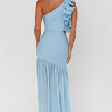 Deanna One-Shoulder Sheer Hem Maxi Dress Blue