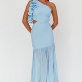Deanna One-Shoulder Sheer Hem Maxi Dress Blue