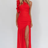 Deanna One-Shoulder Sheer Hem Maxi Dress Red