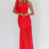 Deanna One-Shoulder Sheer Hem Maxi Dress Red