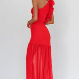 Deanna One-Shoulder Sheer Hem Maxi Dress Red