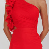 Deanna One-Shoulder Sheer Hem Maxi Dress Red
