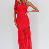 Deanna One-Shoulder Sheer Hem Maxi Dress Red