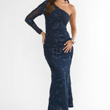 Deanna One-Shoulder Sleeve Maxi Dress Embellished Navy