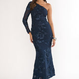 Deanna One-Shoulder Sleeve Maxi Dress Embellished Navy