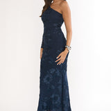 Deanna One-Shoulder Sleeve Maxi Dress Embellished Navy