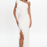 Deanna One-Shoulder Split Ruffle Maxi Dress Off White