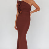 Deanna One-Shoulder Ruffle Maxi Dress Brown