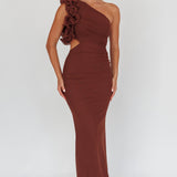 Deanna One-Shoulder Ruffle Maxi Dress Brown