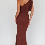 Deanna One-Shoulder Ruffle Maxi Dress Brown