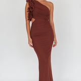 Deanna One-Shoulder Ruffle Maxi Dress Brown