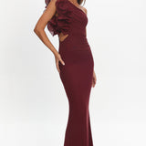 Deanna One-Shoulder Ruffle Maxi Dress Wine