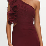 Deanna One-Shoulder Ruffle Maxi Dress Wine