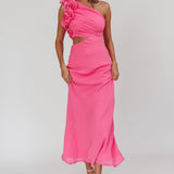 Deanna One-Shoulder Ruffle Maxi Dress Hot Pink
