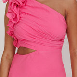 Deanna One-Shoulder Ruffle Maxi Dress Hot Pink