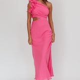 Deanna One-Shoulder Ruffle Maxi Dress Hot Pink
