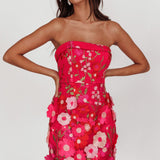 Flora Day Strapless Floral Embellished Mini Dress Fuchsia