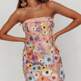 Flora Day Strapless Floral Embellished Mini Dress Pale Pink