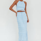 Helios Shirred Sequin Maxi Skirt Blue