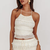 Helios Halterneck Shirred Sequin Top Beige