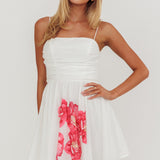 Festivity Flared Bow Floral Mini Dress White
